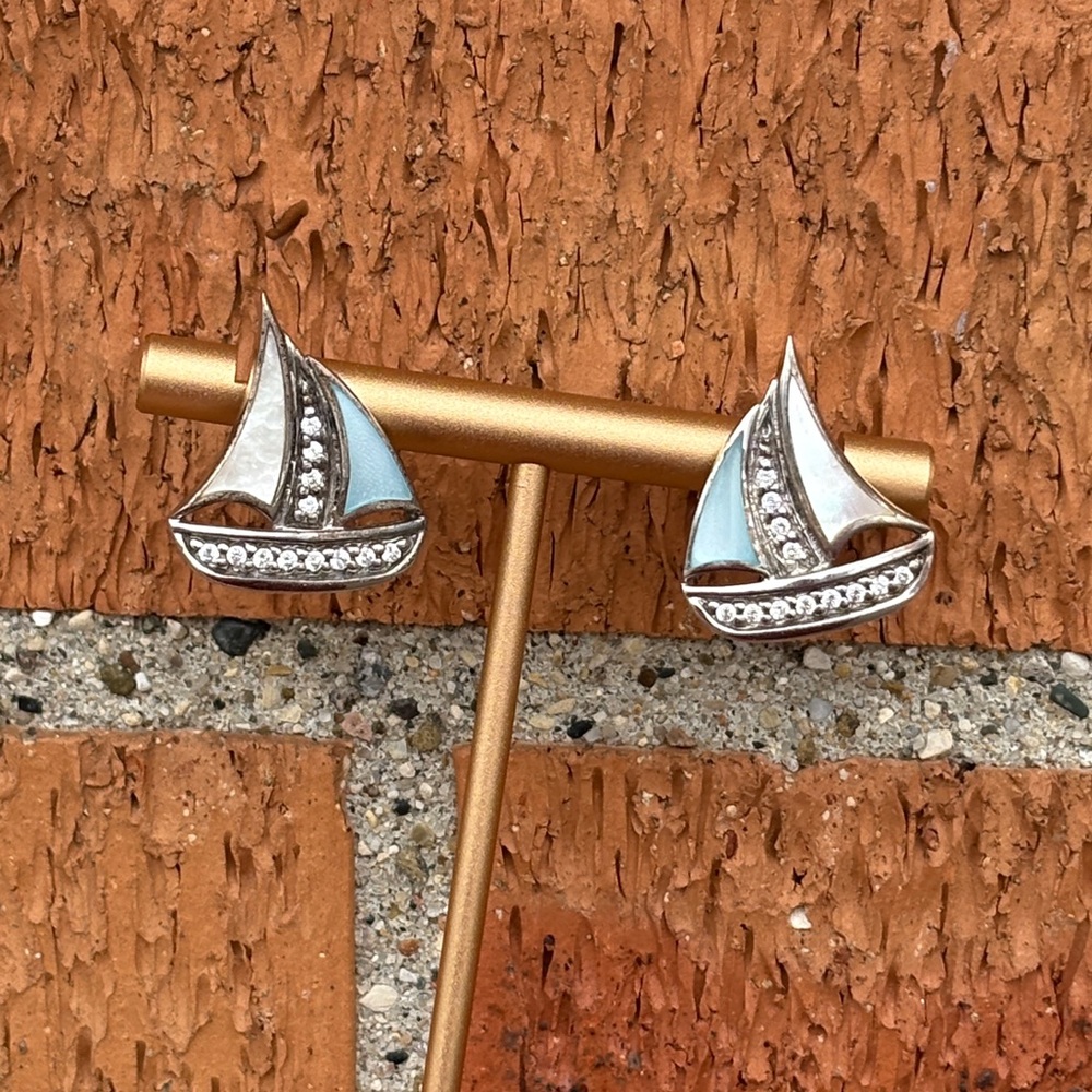 Sailboat Stud Earrings Larimar Mother of Pearl Sterling Silver CZ